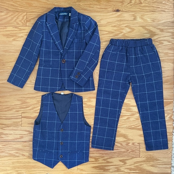 SwotGDoby Boys Plaid Checkered Blue 3 Piece Suit Outfit EU Size 100 - Picture 1 of 6